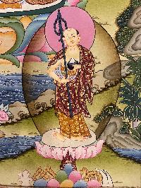 Buddhist Thangka Of Shakyamuni Buddha Thangka, In Blue Color, [with Brocade], Lama`s Art