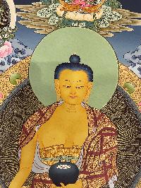 Buddhist Thangka Of Shakyamuni Buddha Thangka, In Blue Color, [with Brocade], Lama`s Art