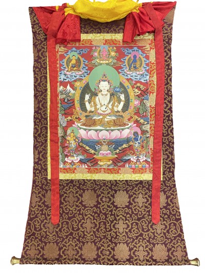 Buddhist Thangka Of Chenrezig Thangka, [with Brocade], Lama`s Art