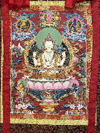 Buddhist Thangka Of Chenrezig Thangka, [with Brocade], Lama`s Art