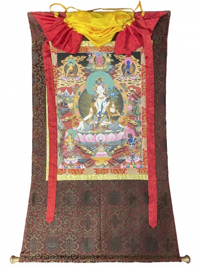 Buddhist Thangka Of White Tara Thangka, [with Brocade], Lama`s Art