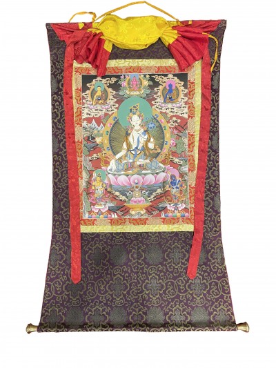 Buddhist Thangka Of White Tara Thangka, [with Brocade], Lama`s Art