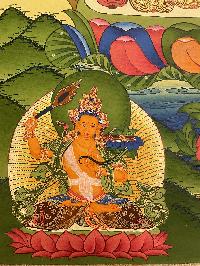 Buddhist Thangka Of Chenrezig Thangka, [with Brocade], Lama`s Art, Three Great Bodhisattvas