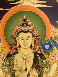 Buddhist Thangka Of Chenrezig Thangka, [with Brocade], Lama`s Art, Three Great Bodhisattvas