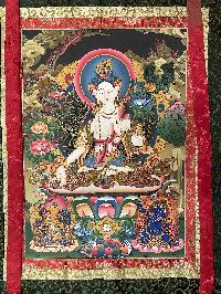 Buddhist Thangka Of White Tara Thangka, [with Brocade], Lama`s Art