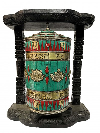 Wall Prayer Wheel Big Size With Ashtamangala, [oxidized With Stone Setting, Wall Mountable