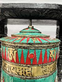 Wall Prayer Wheel Big Size With Ashtamangala, [oxidized With Stone Setting, Wall Mountable