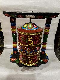 Wall Prayer Wheel Big Size With Mantra Inside, [traditional Color, Ashtamangala With Carved Mantra], Wall Mountable