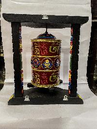 Wall Prayer Wheel Big Size With Mantra Inside, [traditional Color, Ashtamangala With Carved Mantra], Wall Mountable