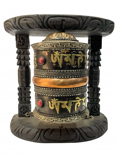 Wall Prayer Wheel With Mantra Inside, [oxidized With Carved Mantra, Stone Setting], Wall Mountable