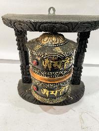 Wall Prayer Wheel With Mantra Inside, [oxidized With Carved Mantra, Stone Setting], Wall Mountable