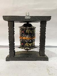 Wall Prayer Wheel With Mantra Inside, [oxidized With Carved Mantra, Stone Setting], Wall Mountable