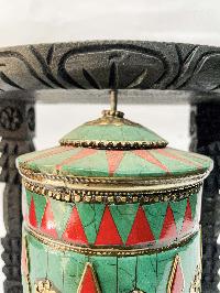 Wall Prayer Wheel With Mantra Inside, [with Carved Mantra, Stone Setting], Wall Mountable