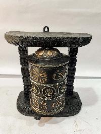 Wall Prayer Wheel With Mantra Inside, [oxidized With Carved Mantra, Ashtamangala]