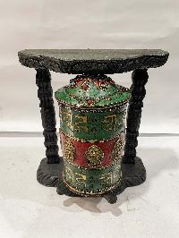 Wall Prayer Wheel With Mantra Inside, [with Carved Mantra, Ashtamangala, Stone Setting]