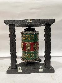 Wall Prayer Wheel With Mantra Inside, [with Carved Mantra, Ashtamangala, Stone Setting]