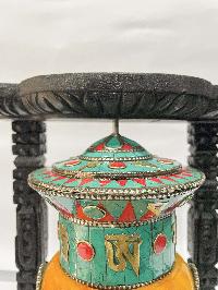 Wall Prayer Wheel With Mantra Inside, [with Carved Mantra, Ashtamangala, Stone Setting]