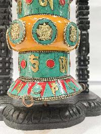 Wall Prayer Wheel With Mantra Inside, [with Carved Mantra, Ashtamangala, Stone Setting]