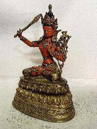 Buddhist Statue Of Manjushri, [traditional Color, Full Gold Plated]