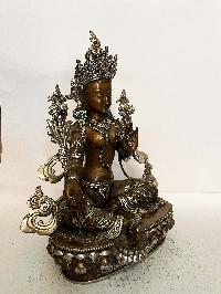 Buddhist Statue Of Green Tara, [silver And Chocolate Oxidized, Stone Setting]