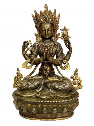 Buddhist Statue Of Chenrezig, [stone Setting, Partly Gold Plated, Chocolate Oxidized]