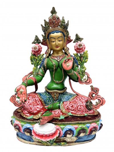 Buddhist Statue Of Green Tara, [stone Setting, Traditional Color, Face Painted]