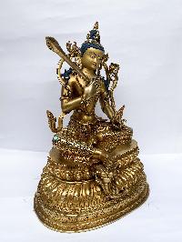 Buddhist Statue Of Manjushri, [full Gold Plated, Face Painted, Stone Setting]