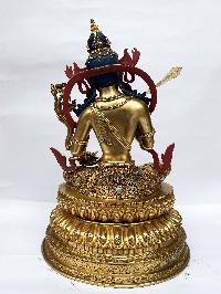 Buddhist Statue Of Manjushri, [full Gold Plated, Face Painted, Stone Setting]