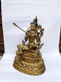 Buddhist Statue Of Manjushri, [full Gold Plated, Face Painted, Stone Setting]