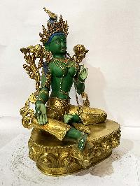 Buddhist Statue Of Green Tara, [partly Gold Plated, Traditional Color]