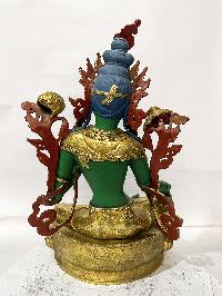 Buddhist Statue Of Green Tara, [partly Gold Plated, Traditional Color]