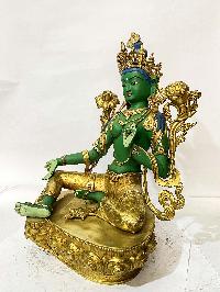 Buddhist Statue Of Green Tara, [partly Gold Plated, Traditional Color]