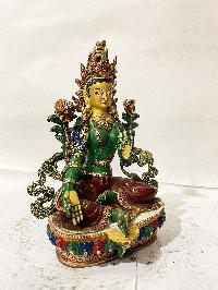 Buddhist Statue Of Green Tara, [face Painted, Traditional Color]