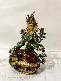 Buddhist Statue Of Green Tara, [face Painted, Traditional Color]