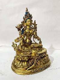 [master Quality], Buddhist Statue Of Green Tara Sitting On Lotus, [full Gold Plated, Stone Setting, Face Painted]