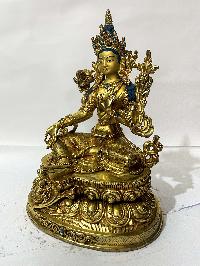 [master Quality], Buddhist Statue Of Green Tara Sitting On Lotus, [full Gold Plated, Stone Setting, Face Painted]