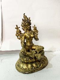 Hq, Buddhist Statue Of Green Tara, [gold Plated, Antique]