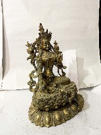 Hq, Buddhist Statue Of Green Tara, [gold Plated, Antique], [rare Find]