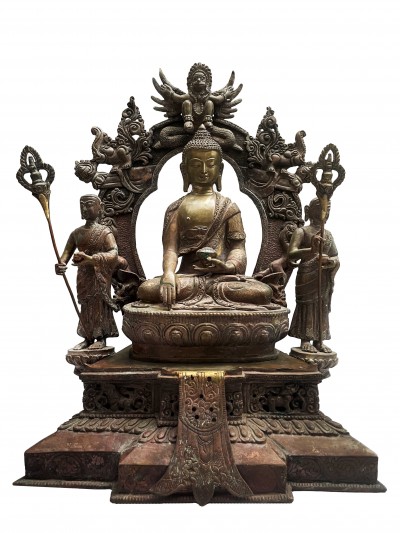 Buddhist Statue Of Shakyamuni Buddha, [antique Finishing] With Sariputra And Madhu Galyana
