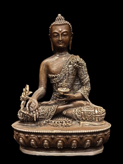 Buddhist Miniature Statue Of Medicine Buddha, [silver And Chocolate Oxidized]