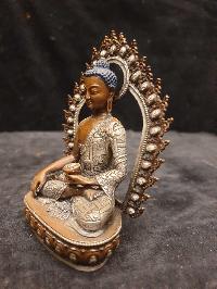 Buddhist Miniature Statue Of Shakyamuni Buddha, [silver And Chocolate Oxidized]