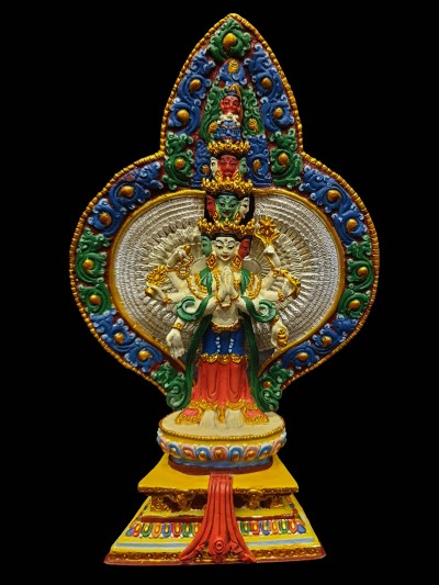 Buddhist Miniature Statue Of Sahasrabhuja Avalokitesvara, [traditional Color, Face Painted]