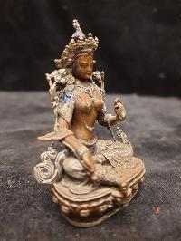 Buddhist Miniature Statue Of Green Tara, [silver And Chocolate Oxidized]