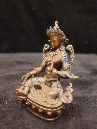 Buddhist Miniature Statue Of Green Tara, [silver And Chocolate Oxidized]