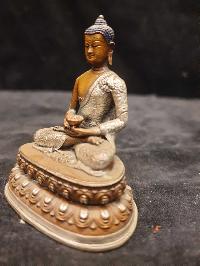 Buddhist Miniature Statue Of Amitabha Buddha, [silver And Chocolate Oxidized]