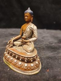 Buddhist Miniature Statue Of Medicine Buddha, [silver And Chocolate Oxidized]