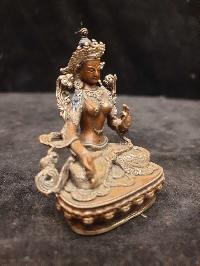 Buddhist Miniature Statue Of White Tara, [silver And Chocolate Oxidized]