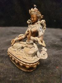 Buddhist Miniature Statue Of White Tara, [silver And Chocolate Oxidized]