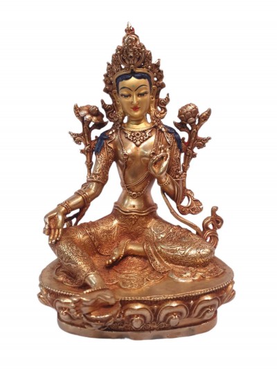 Tibetan Buddhist Statue Of Green Tara, [full Gold Plated, And Painted Face]