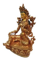 Tibetan Buddhist Statue Of Green Tara, [full Gold Plated, And Painted Face]